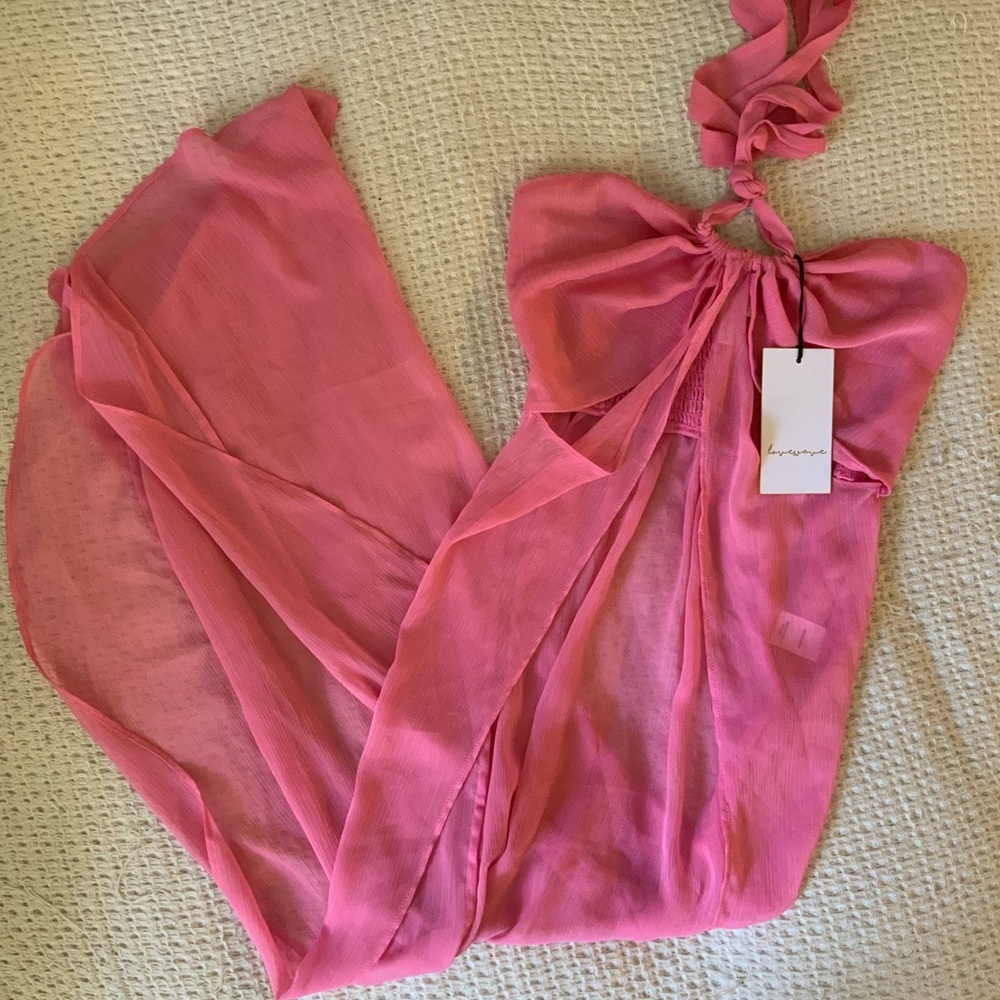 New With Tags Lovewave x Revolve Inara Maxi Top Pink Sheer Halter Dress Cover Up
